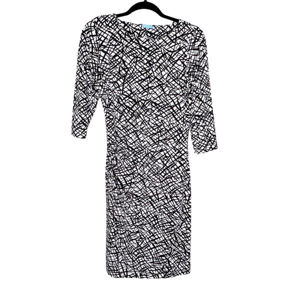 J. Mclaughlin Ruched Sheath Dress Black White Print Sz S - Picture 1 of 8